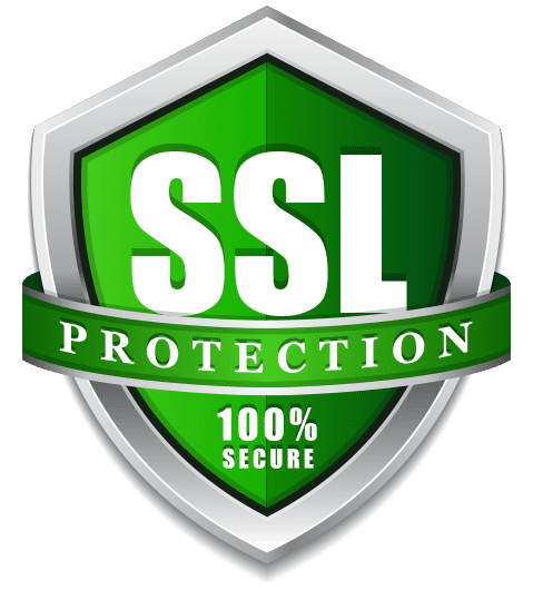 A green and silver shield with the word ssl protection.