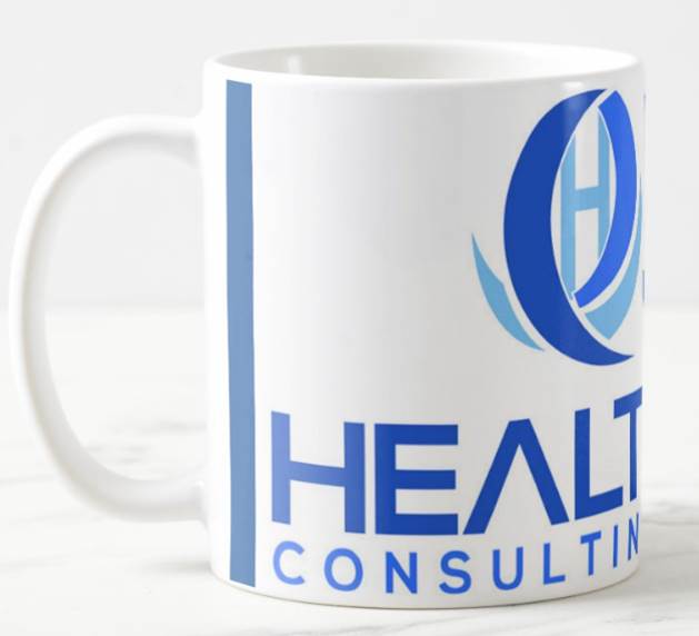 A white mug with the words health consulting on it.