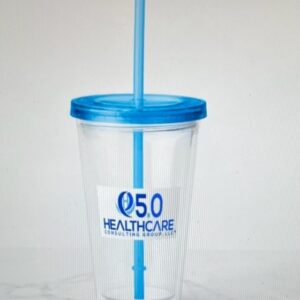 A cup with a straw and the logo of o 5 0 healthcare.