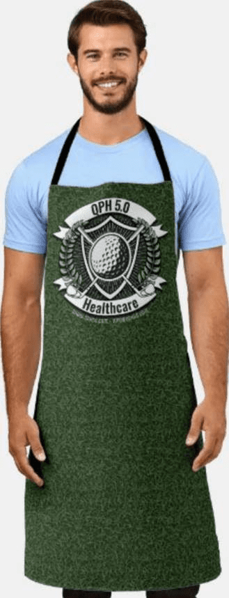 A man wearing an apron with a golf ball on it.