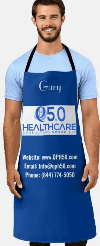 A man wearing an apron with the name of gary on it.