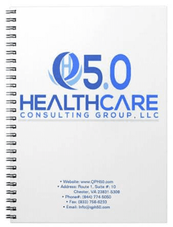 A spiral bound notebook with the logo of e 5. 0 healthcare consulting group, llc